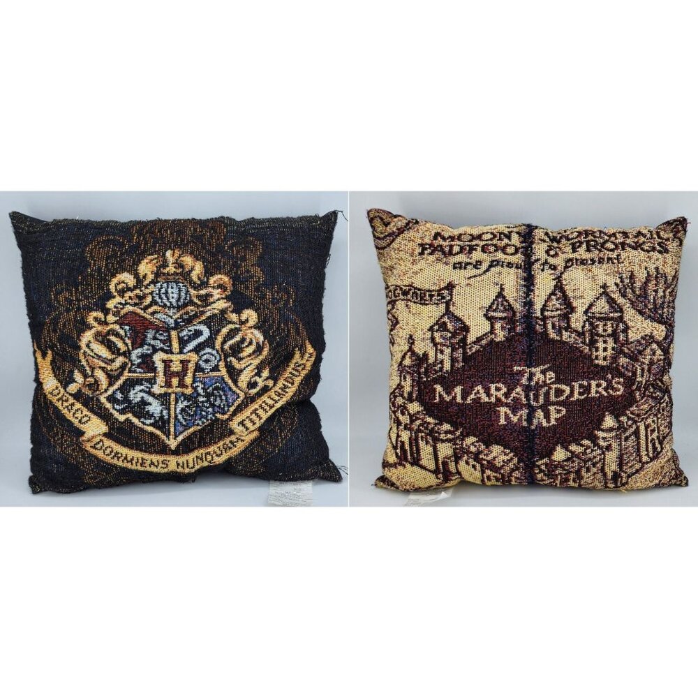 VTG x2 Harry Potter Hogwarts Crest/Marauder's‎ Map Woven Tapestry Throw Pillows